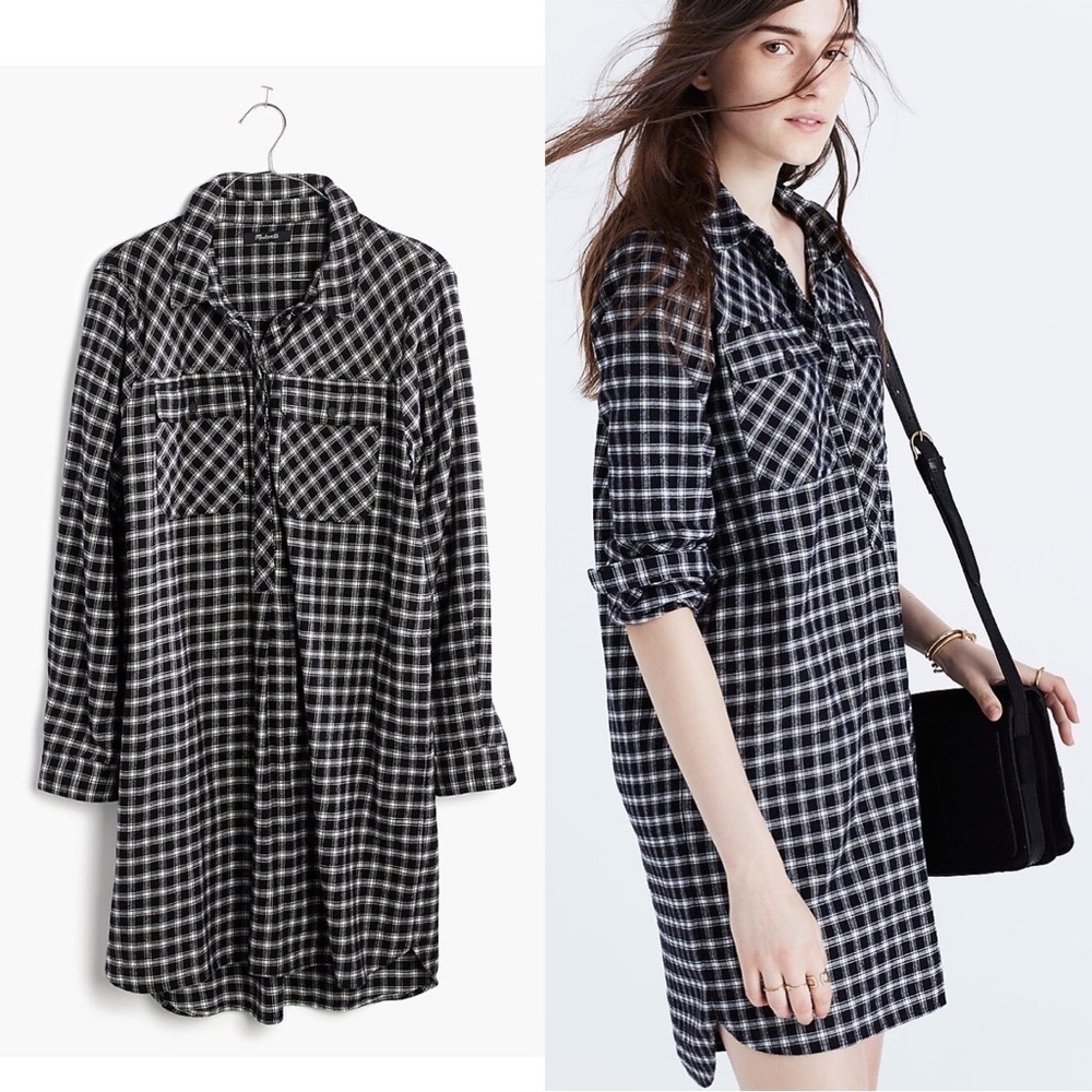 Madewell Black & White Daywalk Shirtdress in Hilldale Plaid Size Small